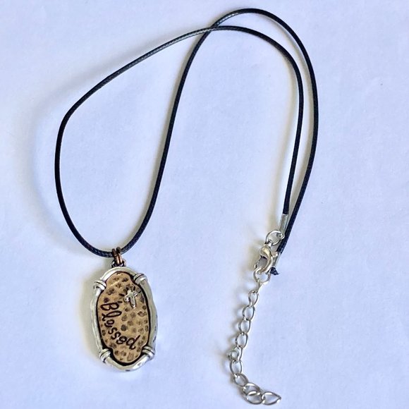 Cross BLESSED Pendant Necklace Copper Silver Plated 18-19" Christian Message - Picture 4 of 8